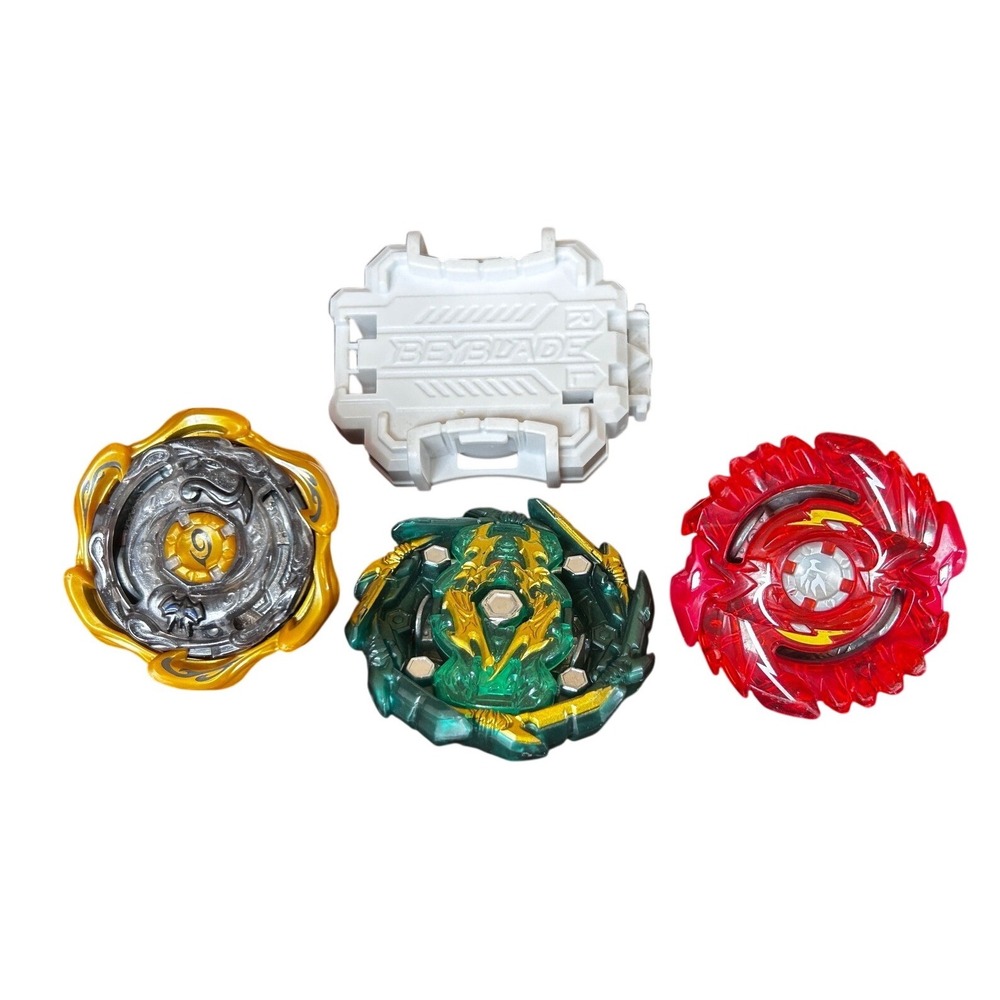 Beyblade Burst Lot of 3 Tops and 1 White Launcher Red Green Gold Battle Set